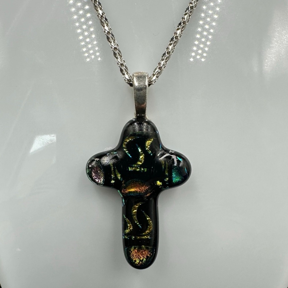Dichroic Art Glass Cross Pendant Necklace Iridescent Black Gold Teal‎ Christian